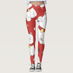 Maneki-Neko cat, Japanese doodle pattern. Leggings