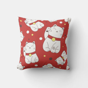 Maneki-Neko cat, Japanese doodle pattern. Throw Pillow