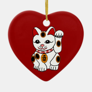 Maneki Neko Cat on Red Background Ceramic Ornament