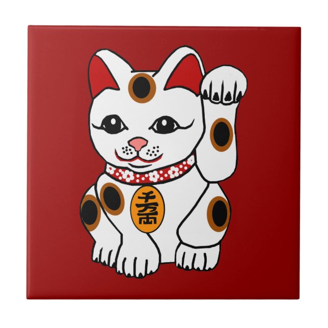 Maneki Neko Cat on Red Background Tile (Front)