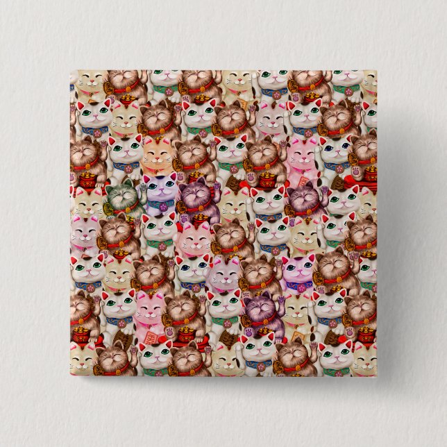 Maneki-neko cats pattern 2 inch square button (Front)