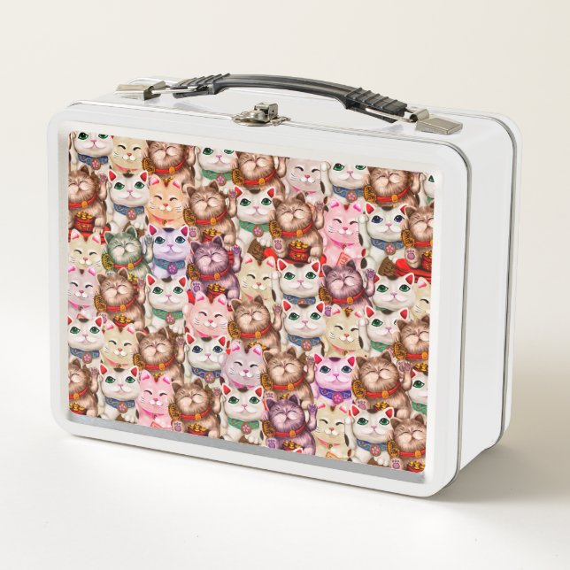 Maneki-neko cats pattern metal lunch box (Front)