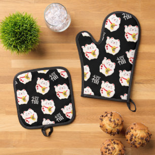 Maneki Neko Cute Lucky Cat Oven Mitt & Pot Holder Set