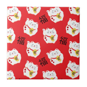 Maneki Neko Cute Lucky Cat Red and White Tile