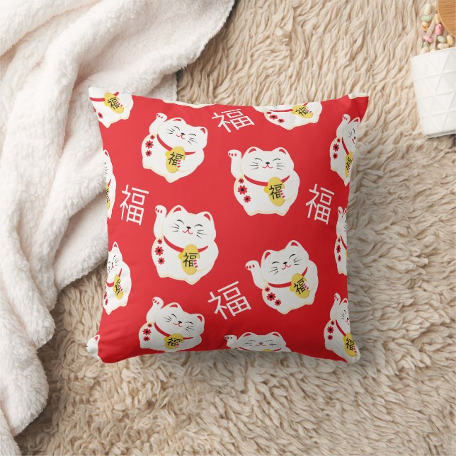 Maneki Neko Cute Lucky White Cat Throw Pillow (Blanket)