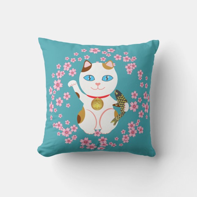 Maneki Neko Japanese Beckoning Lucky Calico Cat Throw Pillow (Front)