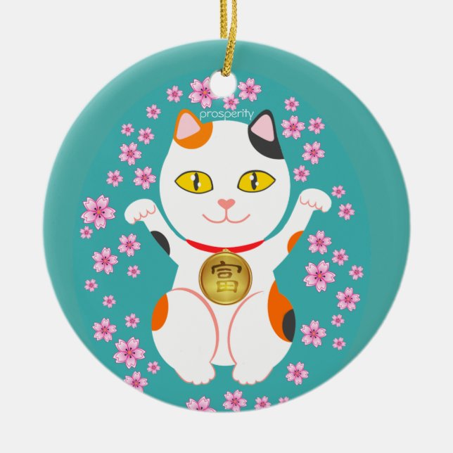 Maneki Neko Japanese Beckoning Lucky Cat Ceramic Ornament (Front)
