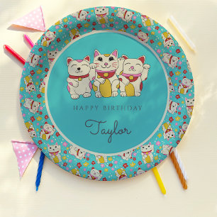 Maneki Neko Japanese Good Luck Cats Birthday Paper Plate