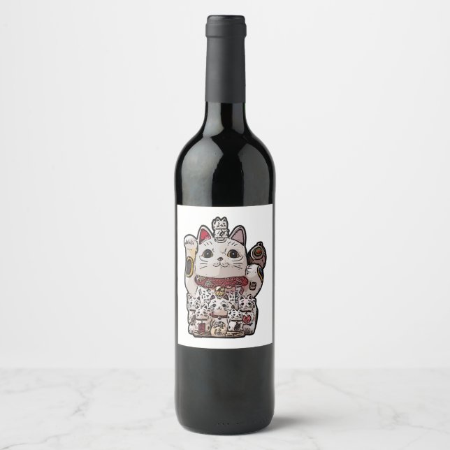 Maneki Neko Japanese Lucky Cat Luck porte bonheur  Wine Label (Front)