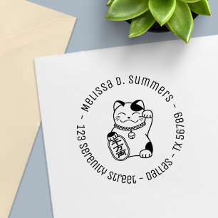 Maneki Neko Japanese Lucky Cat Round Address 2 Self-inking Stamp