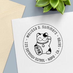 Maneki Neko Japanese Lucky Cat Round Address Self-inking Stamp