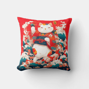 Maneki-Neko, Japanese Lucky Cat Throw Pillow