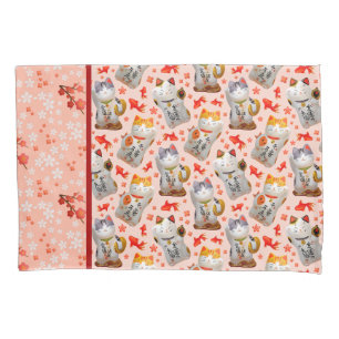 Maneki Neko Japanese Waving Lucky Cat with Koi Pillowcase
