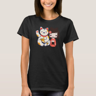 Maneki Neko Lucky Beckoning Cat With Cute Girl T-Shirt