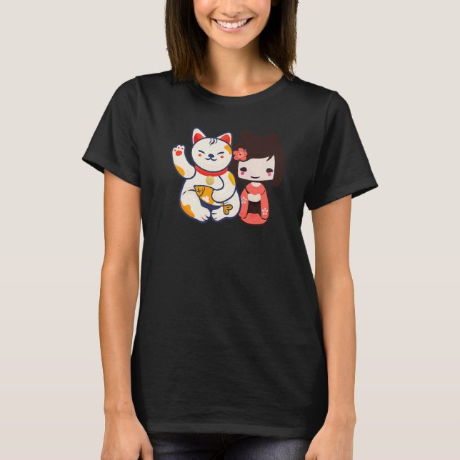 Maneki Neko Lucky Beckoning Cat With Cute Girl T-Shirt (Front)