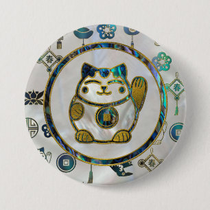Maneki Neko Lucky cat on pearl and abalone 3 Inch Round Button