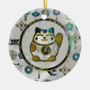 Maneki Neko Lucky cat on  pearl and abalone Ceramic Ornament