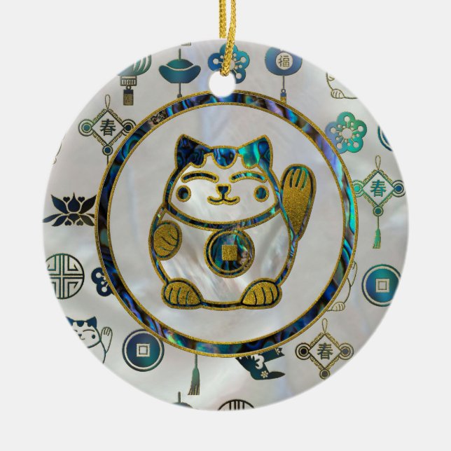Maneki Neko Lucky cat on  pearl and abalone Ceramic Ornament (Front)