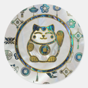 Maneki Neko Lucky cat on  pearl and abalone Classic Round Sticker