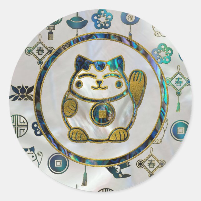Maneki Neko Lucky cat on  pearl and abalone Classic Round Sticker (Front)