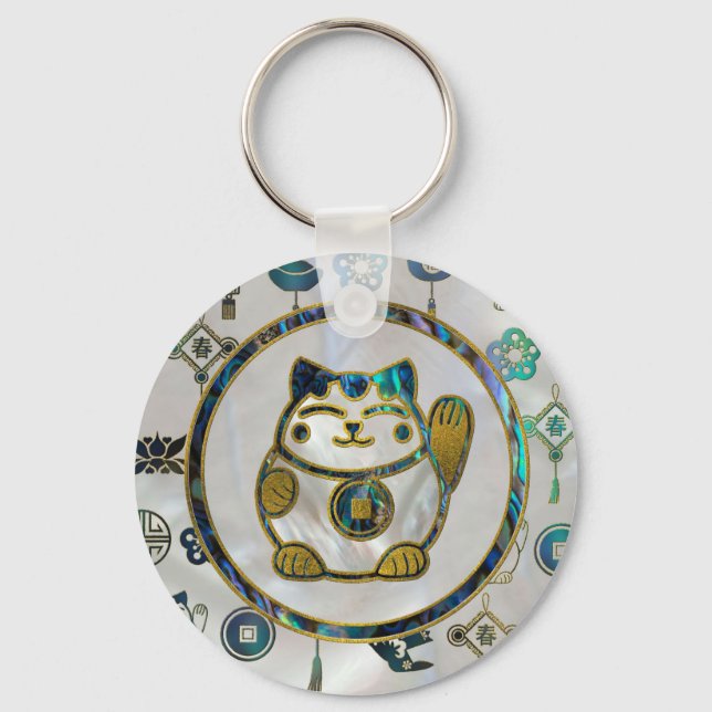 Maneki Neko Lucky cat on  pearl and abalone Keychain (Front)