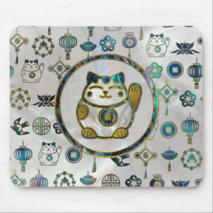 Maneki Neko Lucky cat on  pearl and abalone Mouse Pad