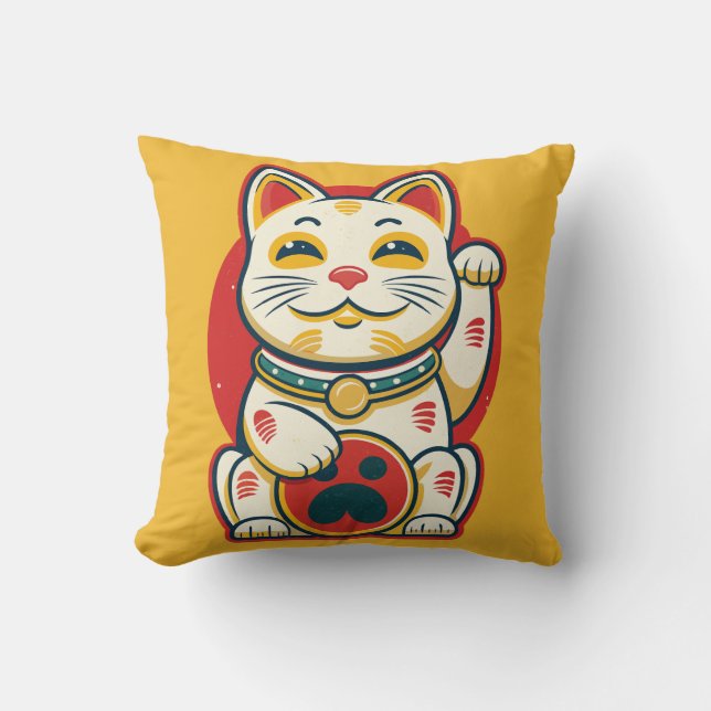 Maneki Neko - Lucky Cat Throw Pillow (Front)