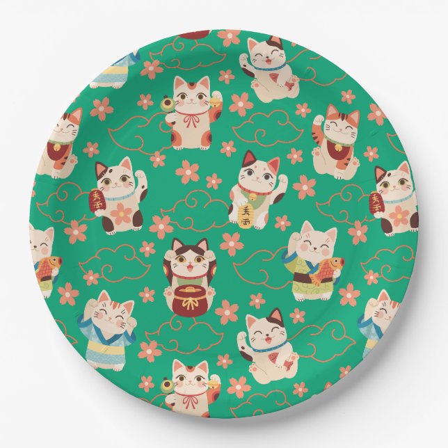 Maneki Neko Lucky Cats Paper Plate (Front)