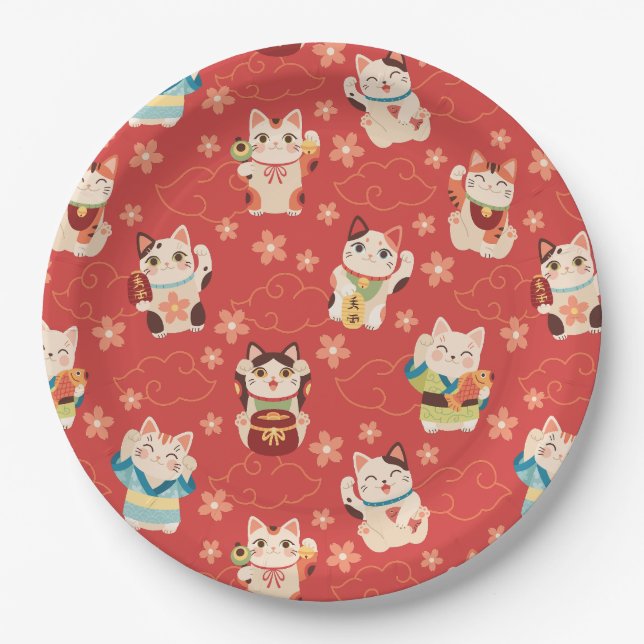 Maneki Neko Lucky Cats Paper Plate (Front)