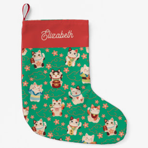 Maneki Neko Lucky Cats Personalized  Small Christmas Stocking