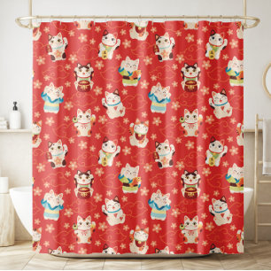 Maneki Neko Lucky Cats Shower Curtain