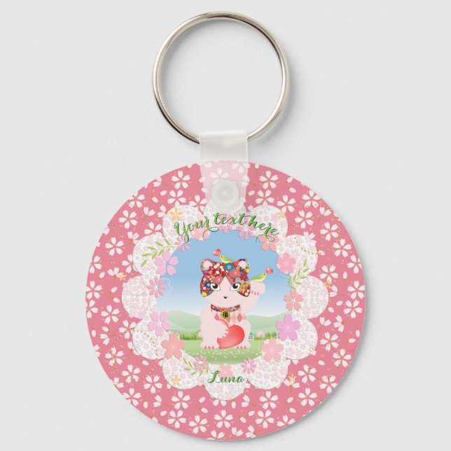 Maneki Neko Lucky Luna Round Keychain (Front)