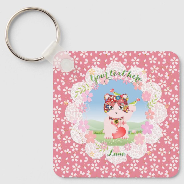 Maneki Neko Lucky Luna Square Keychain (Front)