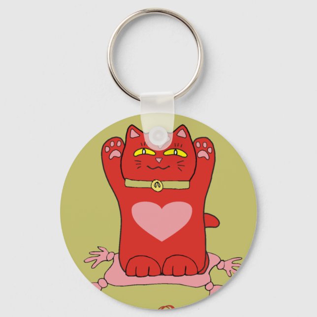 Maneki Neko Red Cat with Hearts Keychain (Front)
