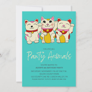 Maneki Neko Waving Japanese Good Luck Cat Birthday Invitation