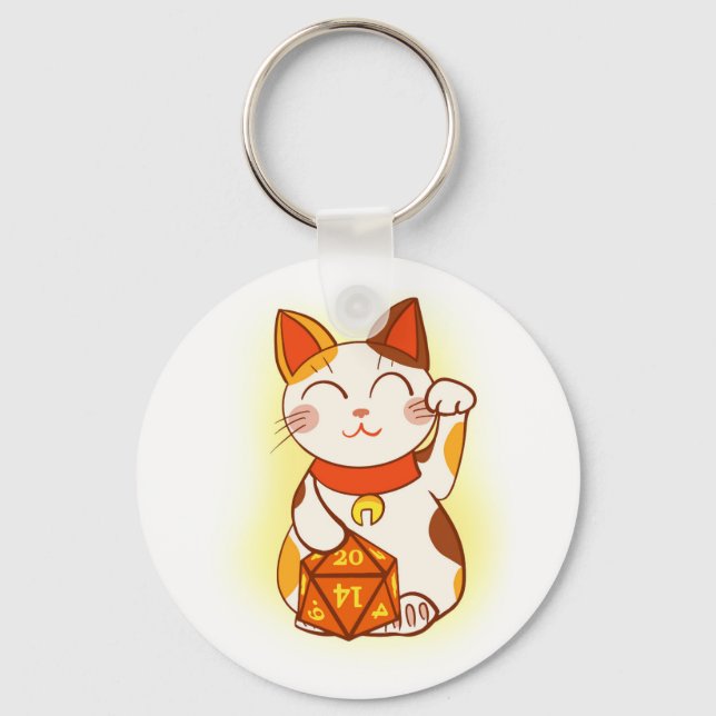 Maneki-neko with D20 RPG Dice Good Luck Charm Keychain (Front)
