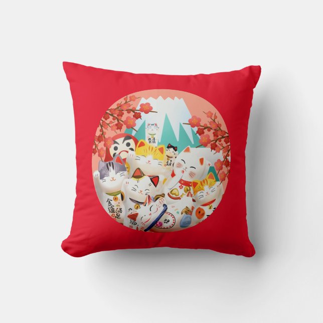 Manekineko Hanami Party Throw Pillow (Front)