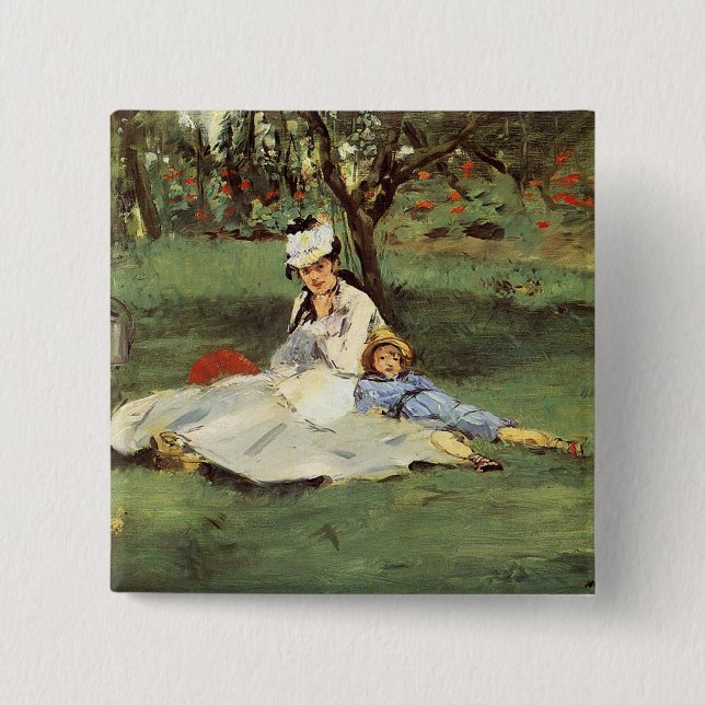 Manet Impressionist French Family Garden Painting 2 Inch Square Button (Front)