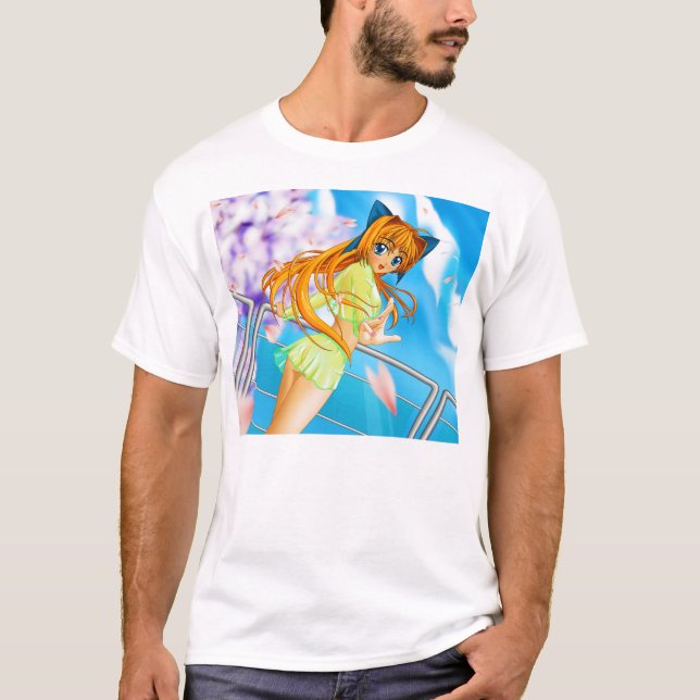 Manga Anime Cute Girl in See Through Green Skirt T-Shirt (Front)