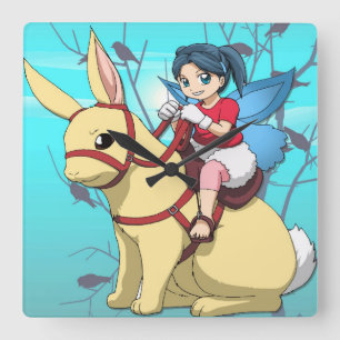 Manga fairy, rabbit and rider square wall clock