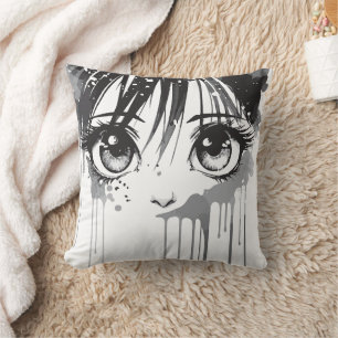 Manga Girl with Paint-Drenched Gaze Throw Pillow