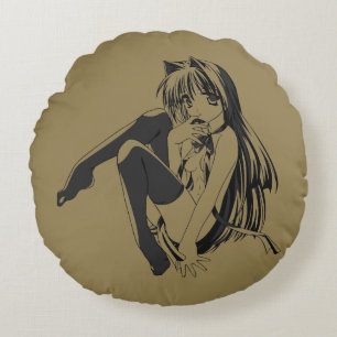 Manga, Neko Catgirl Furry Kawaii Loli Round Pillow