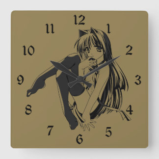 Manga, Neko Catgirl Furry Kawaii Loli Square Wall Clock