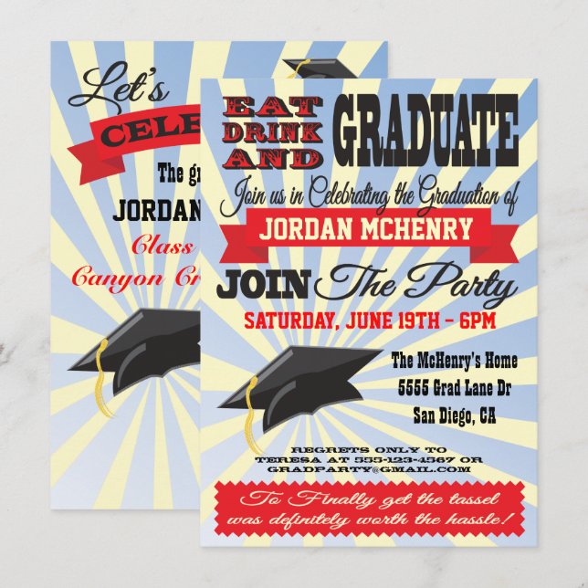 Mange, Bois et Diplômé ! Invitations de diplômes (Devant / Derrière)