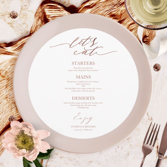 Mangeons la carte de menu Mariage rond pour plaque (Créateur téléchargé)