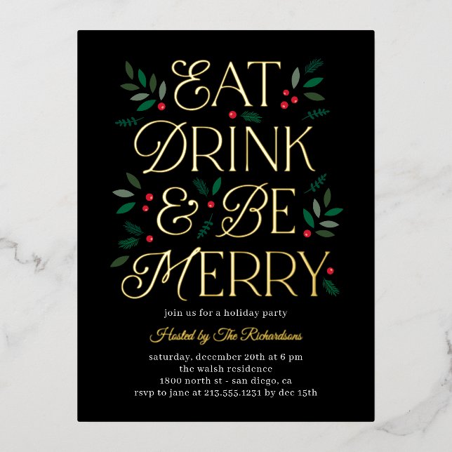 Manger Boire Soyez Merry Foil Carte postale Invita (Recto)