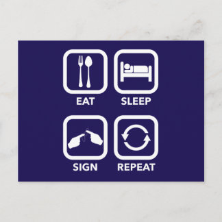 Manger. Dormir. Plaque. Recommencer. Carte postale