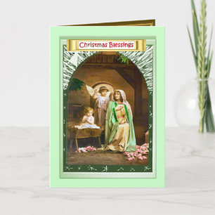 Manger scene with angels holiday card