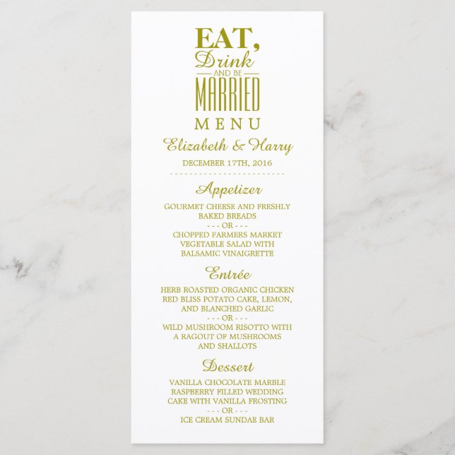 Mangez, buvez et soyez marié Gold Mariage Menu (Devant)