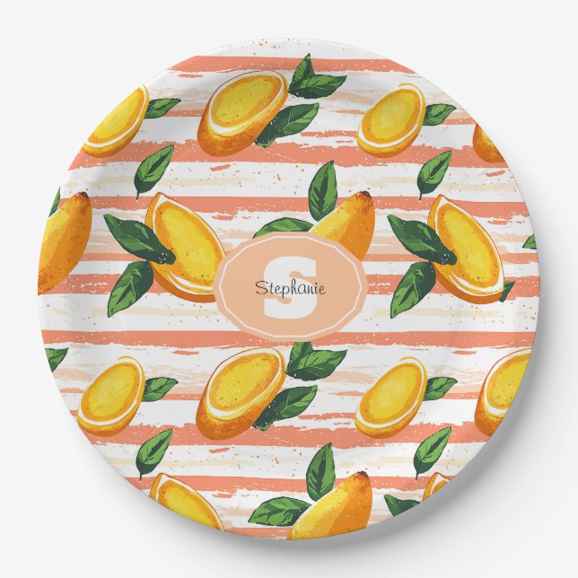 Mango Fruit Pattern with Green Leaves Paper Plate (Front)